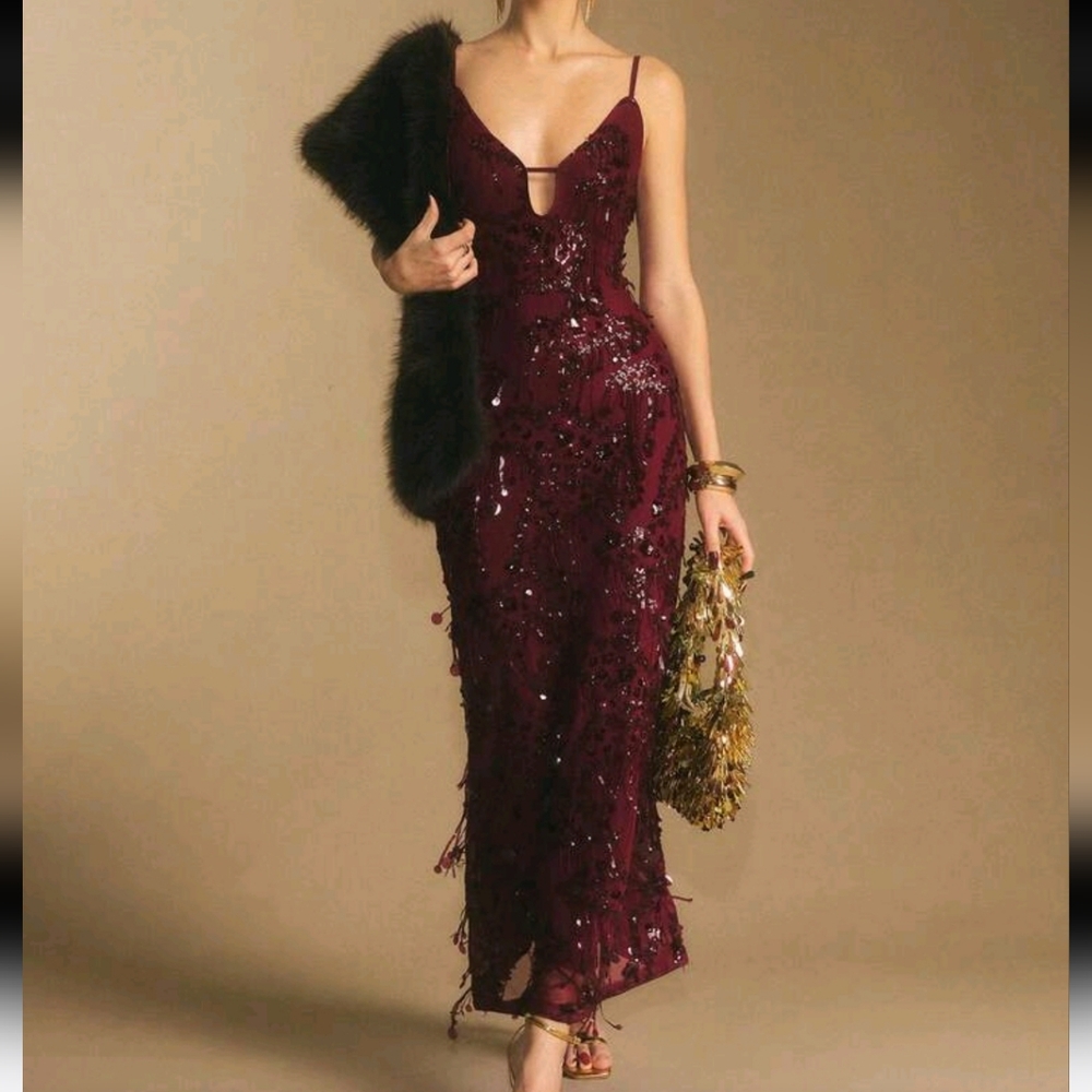 Women's Dress Burgundy Sequin Fringe Maxi Slip Dress – Plunge Keyhole Front